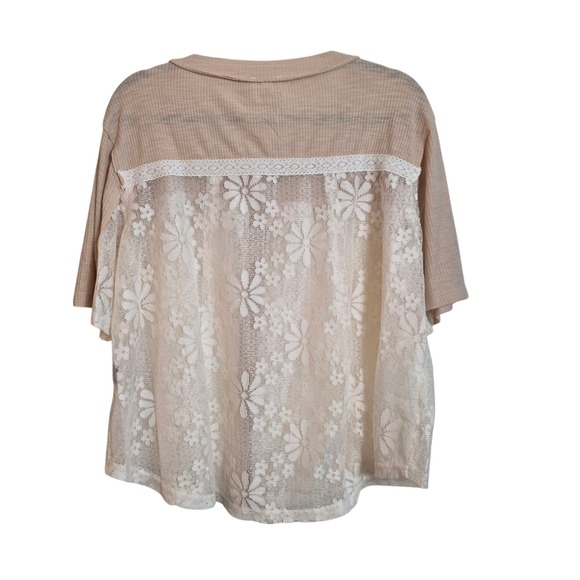 POL Beige Lace Button Up Top Short Sleeve Blouse Bohemian Casual new - Picture 5 of 15